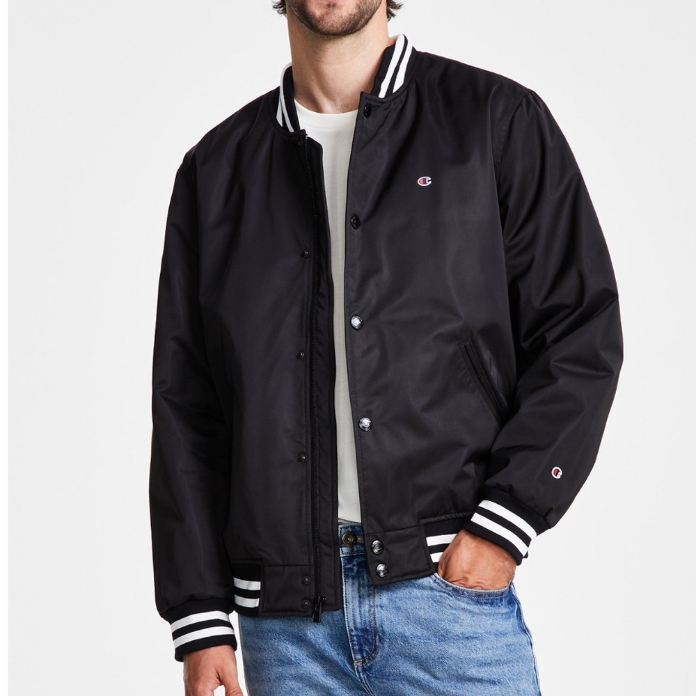 NWT Champion Black Classic Logo Stripe Trim Black Varsity‎ Bomber Jacket (XL)